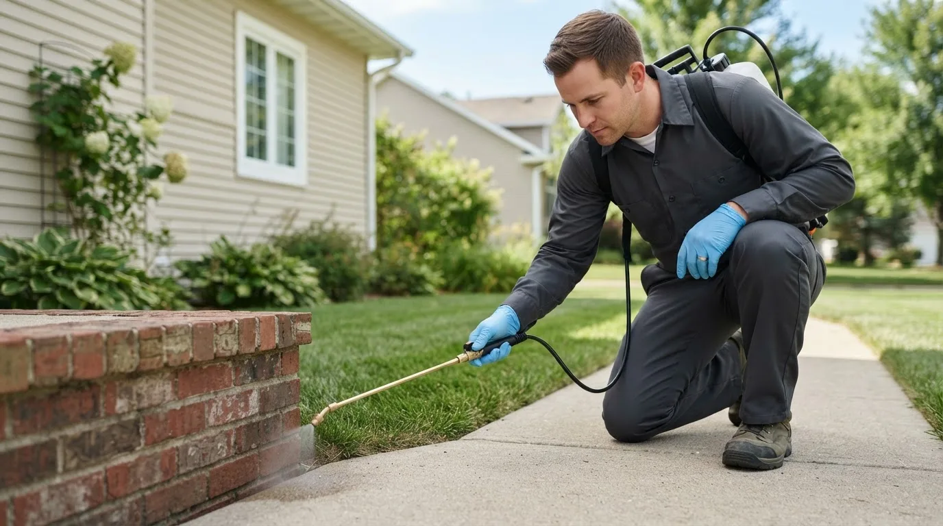 Pest control technician treating a home near Leetonia, OH