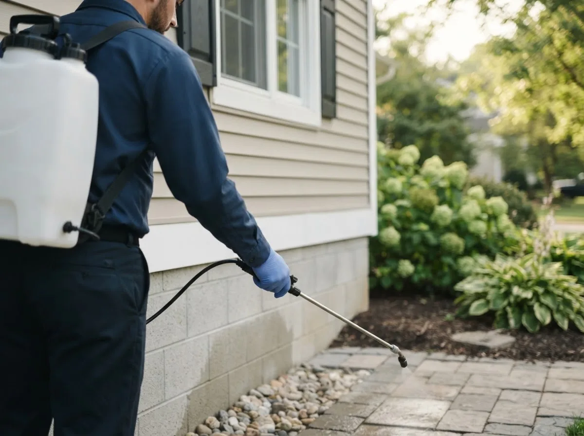 Pest control technician inspecting a home in Leetonia, OH